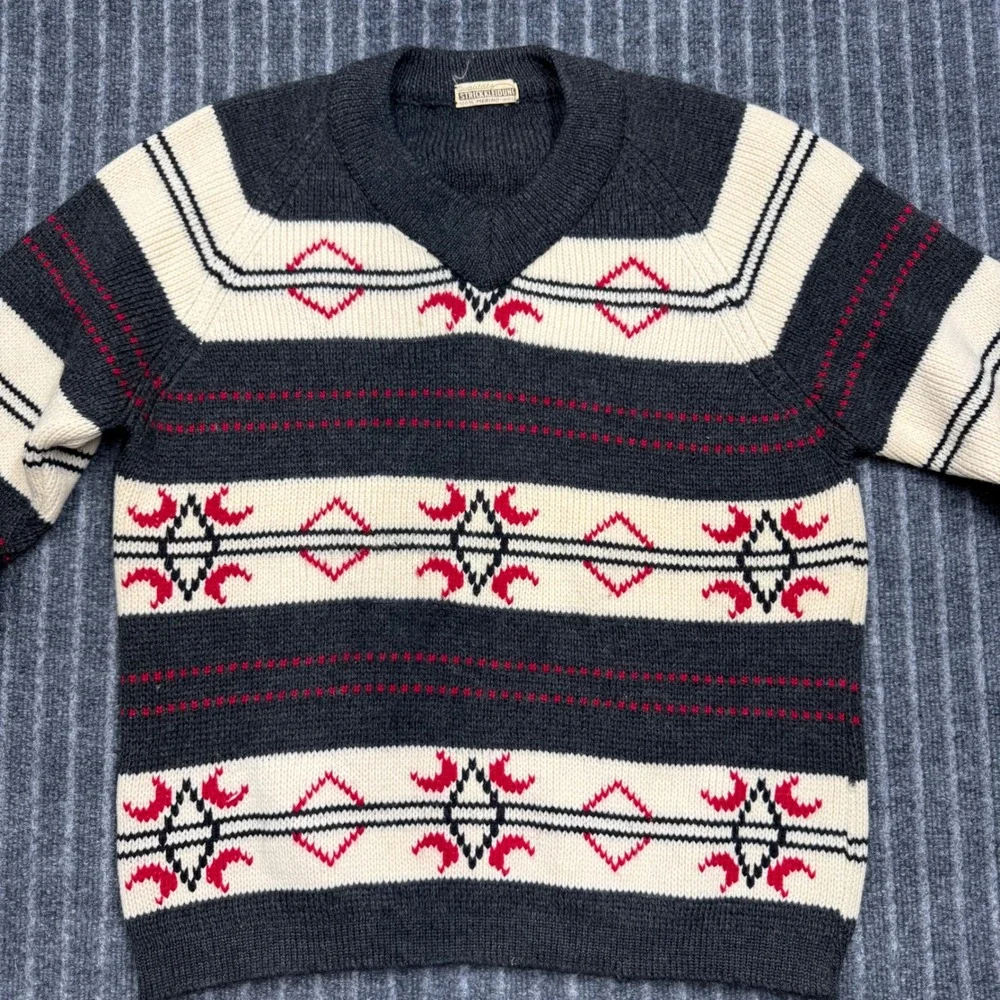 Strickkleidung Merino Wool Sweater Large Grey Fair Isle Excellent Vintage (2176)